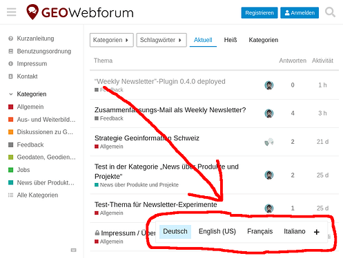 Screenshot des GEOWebforums für einen uneingeloggten Benutzer. Unten rechts stehen in einem Balken die Sprachen "Deutsch", "English (US)", "Français" und "Italiano" zur Verfügung.